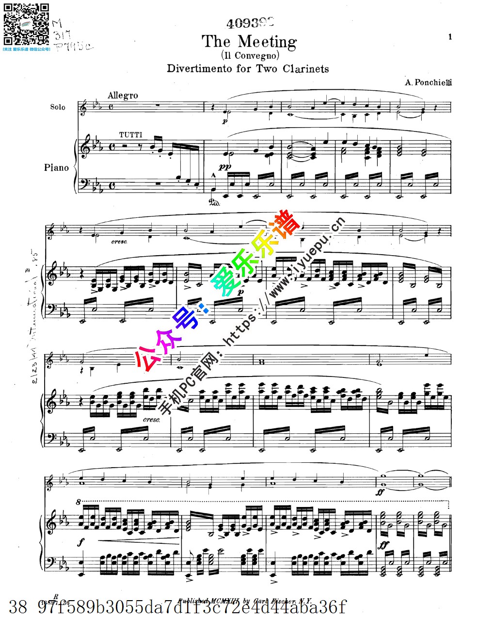 Ponchielli 庞契耶利 Il Convegno -The Meeting OP.76 约会 2单簧管二重奏分谱与钢琴伴奏总谱 乐谱曲谱总谱分谱伴奏音乐在线预览试听下载