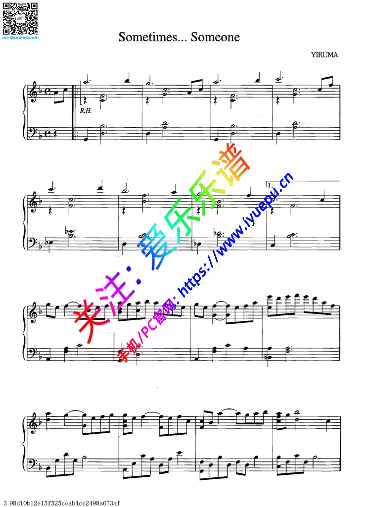 Yiruma 李闰珉Sometimes...Someone 钢琴独奏谱 乐谱曲谱总谱分谱伴奏音乐在线预览试听下载