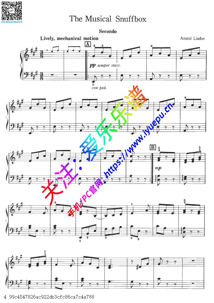 利亚多夫 音乐剧烟壶 The musical snuffbox 钢琴四手联弹谱 钢琴二重奏谱 乐谱曲谱总谱分谱伴奏音乐在线预览试听下载