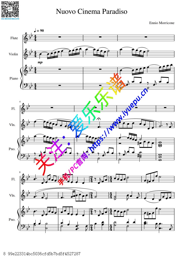 Nuovo Cinema Paradiso 天堂电影院 长笛小提琴钢琴三重奏-总谱与分谱 乐谱曲谱总谱分谱伴奏音乐在线预览试听下载