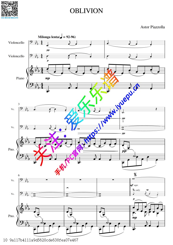 Piazzolla 皮亚佐拉 遗忘 OBLIVION 双大提琴钢琴三重奏-总谱与分谱 乐谱曲谱总谱分谱伴奏音乐在线预览试听下载