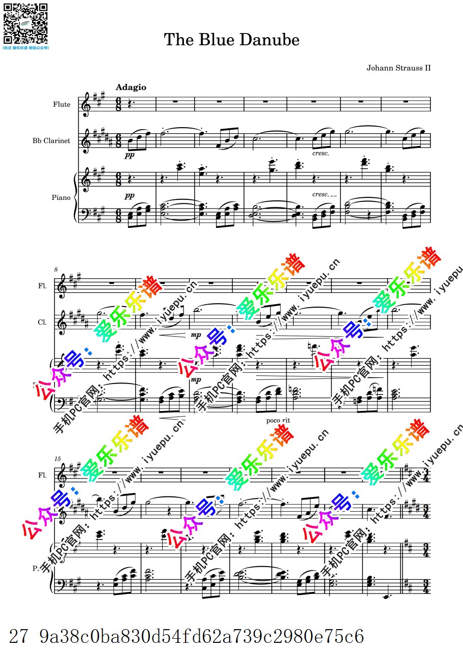施特劳斯 蓝色多瑙河圆舞曲 Blue Danube waltz 长笛单簧管钢琴三重奏 总谱分谱 乐谱曲谱总谱分谱伴奏音乐在线预览试听下载