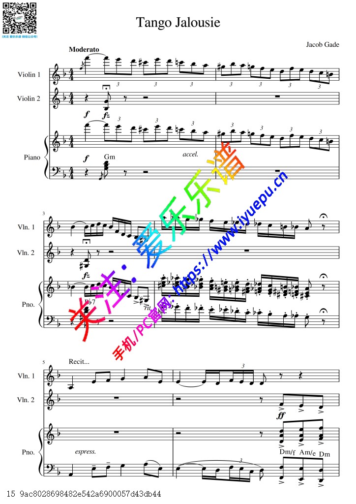 Jacob Gade 盖德 嫉妒探戈 Tango Jalousie 双小提琴钢琴三重奏 合奏-总谱与分谱 乐谱曲谱总谱分谱伴奏音乐在线预览试听下载