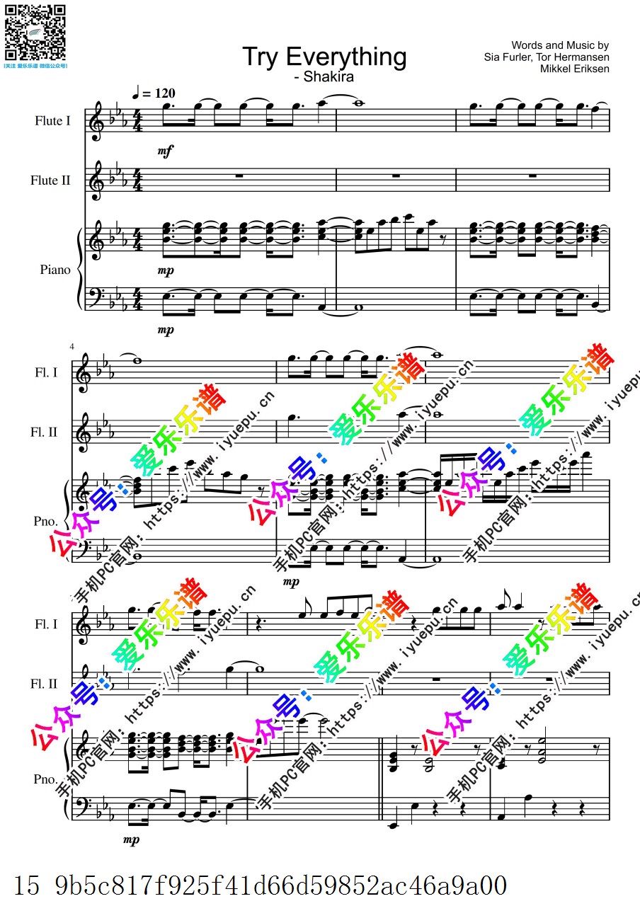 疯狂动物城主题曲 Try Everything 双长笛钢琴三重奏 总谱分谱 乐谱曲谱总谱分谱伴奏音乐在线预览试听下载