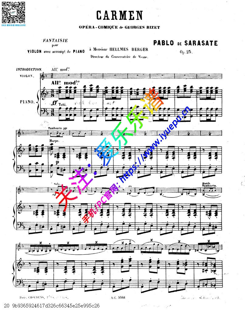 Sarasate 萨拉萨蒂 卡门幻想曲 Op.25 小提琴钢琴伴奏谱V1 乐谱曲谱总谱分谱伴奏音乐在线预览试听下载