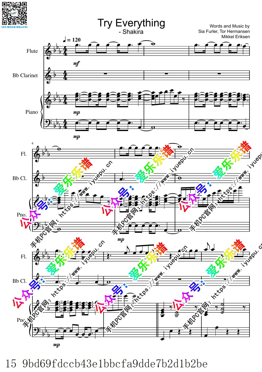 疯狂动物城主题曲 Try Everything 长笛单簧管钢琴三重奏 总谱分谱 乐谱曲谱总谱分谱伴奏音乐在线预览试听下载