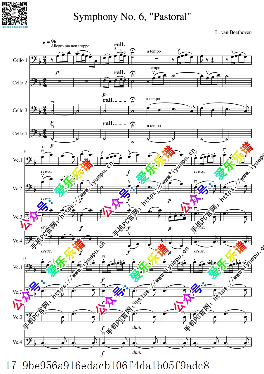 Beethoven symphonie no6 pastorale 贝多芬田园交响曲 第一乐章 4大提琴四重奏 -总谱和分谱 乐谱曲谱总谱分谱伴奏音乐在线预览试听下载