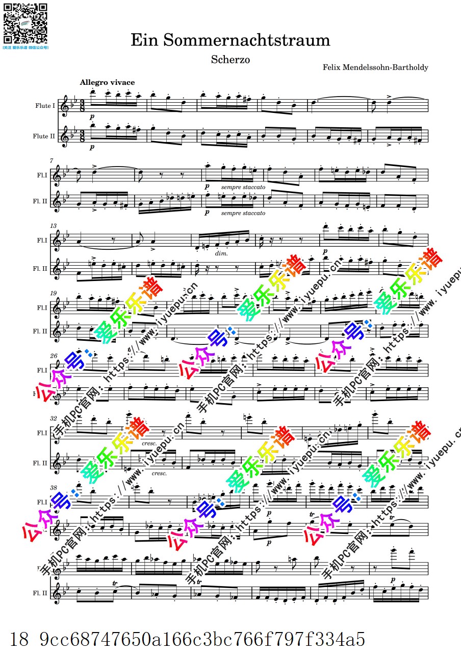 Mendelssohn 门德尔松 Scherzo from Ein Sommernachtstraum 仲夏夜之梦-谐谑曲 双长笛二重奏-总谱与分谱 乐谱曲谱总谱分谱伴奏音乐在线预览试听下载