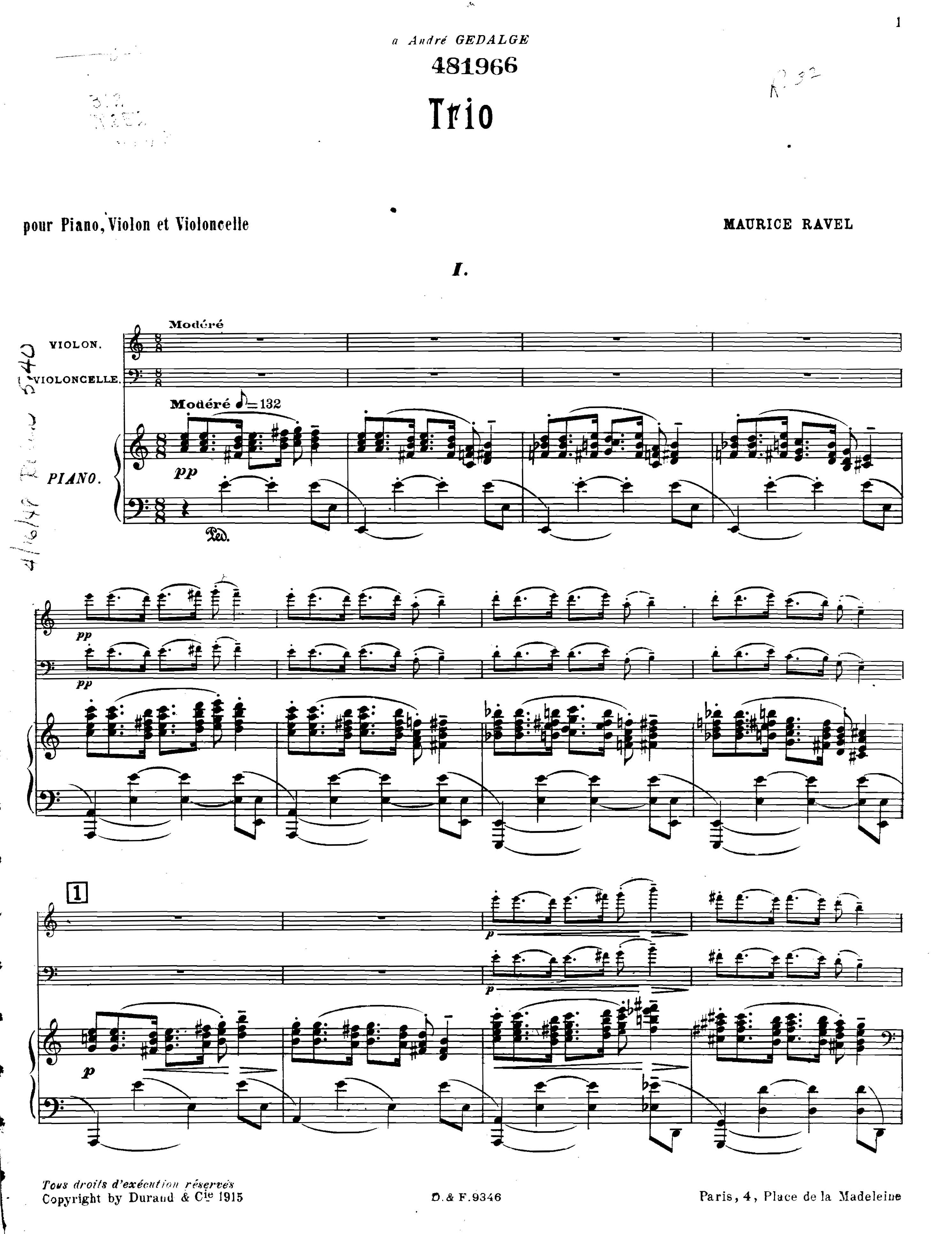 Ravel Piano Trio M.67 拉威尔 小提琴大提琴钢琴三重奏总谱与弦乐分谱 乐谱曲谱总谱分谱伴奏音乐在线预览试听下载