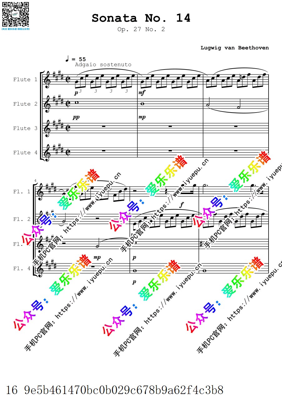 Beethovens Moonlight sonata 贝多芬月光奏鸣曲  第一乐章 柔板 4长笛四重奏-总谱和分谱 乐谱曲谱总谱分谱伴奏音乐在线预览试听下载