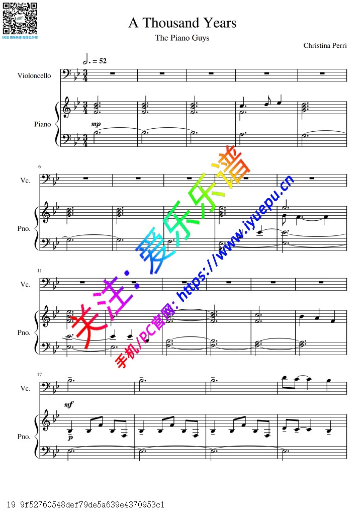Piano Guys 暮光之城主题曲 A Thousand Years 千年之恋 大提琴谱与钢琴伴奏谱 乐谱曲谱总谱分谱伴奏音乐在线预览试听下载