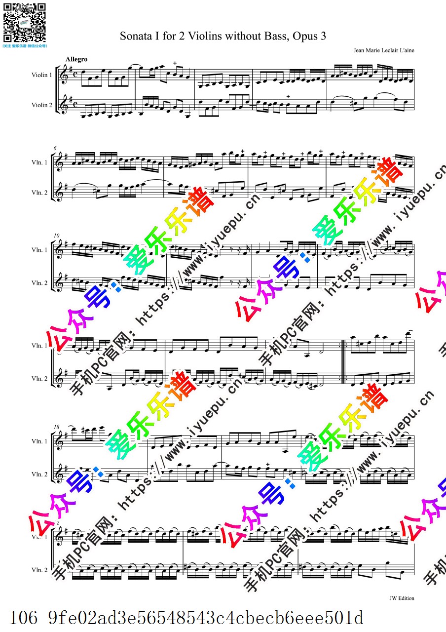 Lclair  6 Sonatas for 2 Violins 勒克莱尔六首双小提琴奏鸣曲 Op.3 总谱分谱 乐谱曲谱总谱分谱伴奏音乐在线预览试听下载