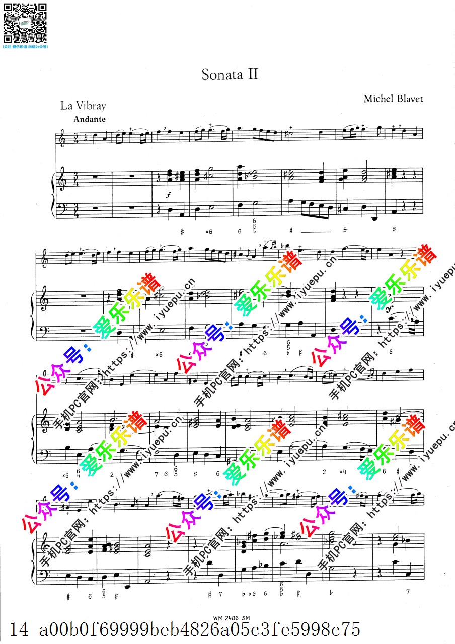 Blavet布拉维 6 Flute Sonatas Op.2 No.2 长笛奏鸣曲之二 长笛谱与钢琴伴奏谱 总分谱 乐谱曲谱总谱分谱伴奏音乐在线预览试听下载