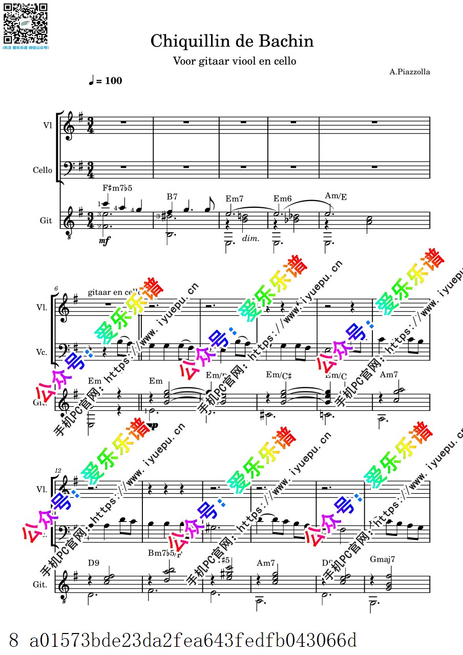 Piazzolla 皮亚佐拉 Chiquilin de Bachin 巴钦餐馆的卖花小孩 小大提琴吉他 三重奏-总谱和分谱 乐谱曲谱总谱分谱伴奏音乐在线预览试听下载