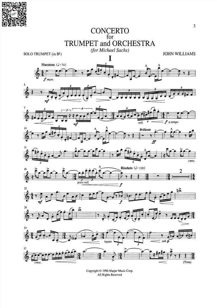 约翰·威廉斯 小号协奏曲 小号谱 John Williams - Trumpet Concerto - Piano Reduction-Trumpet Part 乐谱曲谱总谱分谱伴奏音乐在线预览试听下载