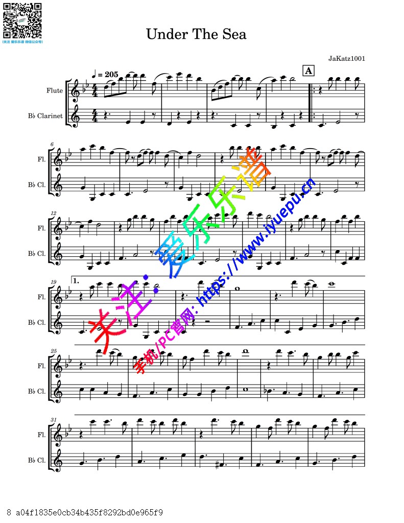 Under The Sea 迪士尼动画 小美人鱼电影主题曲 长笛单簧管二重奏-总谱与分谱 乐谱曲谱总谱分谱伴奏音乐在线预览试听下载