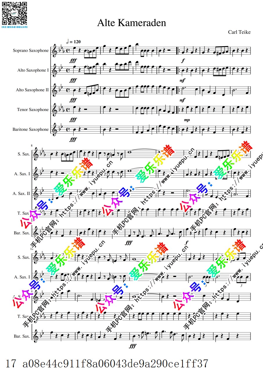 T.Carl 卡尔 Alte Kameraden 旧友进行曲 SAATB 5萨克斯五重奏 总谱分谱 乐谱曲谱总谱分谱伴奏音乐在线预览试听下载