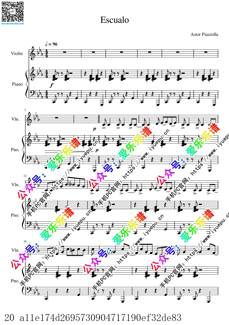 Astor Piazzolla 皮亚佐拉 Escualo 角鲨 小提琴谱与钢琴伴奏谱 in Eb 乐谱曲谱总谱分谱伴奏音乐在线预览试听下载