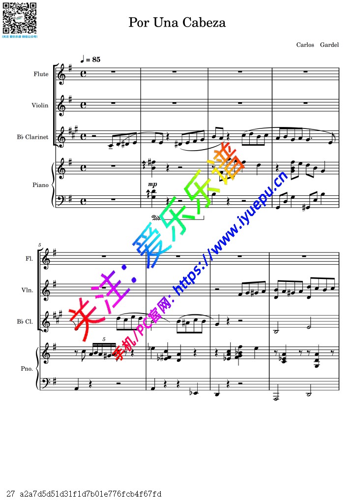 一步之遥 闻香识女人 Por Una Cabeza 长笛小提琴单簧管钢琴四重奏-总谱与分谱V1 乐谱曲谱总谱分谱伴奏音乐在线预览试听下载