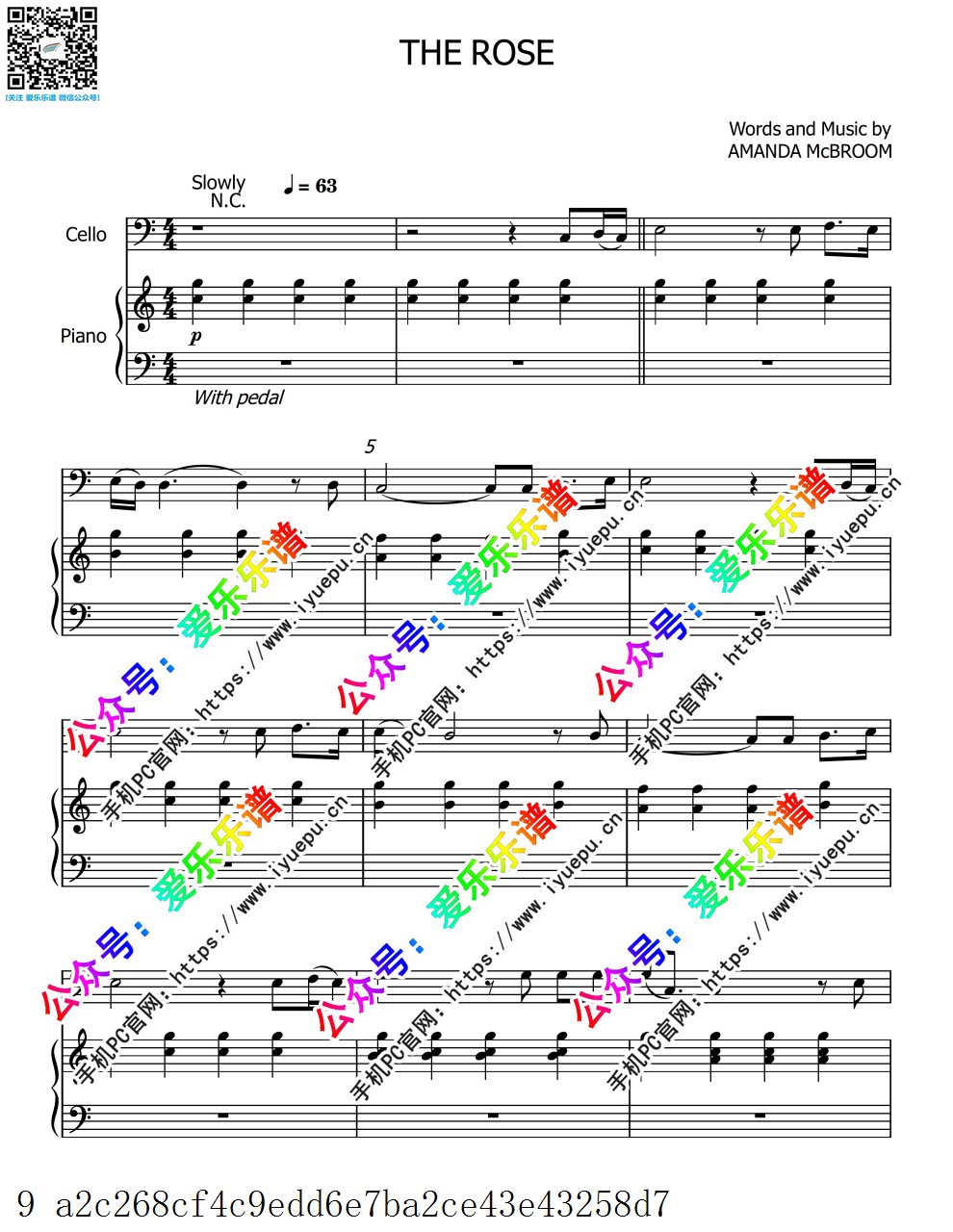 The Rose- Amanda Mcbroom 大提琴谱与钢琴伴奏谱 乐谱曲谱总谱分谱伴奏音乐在线预览试听下载