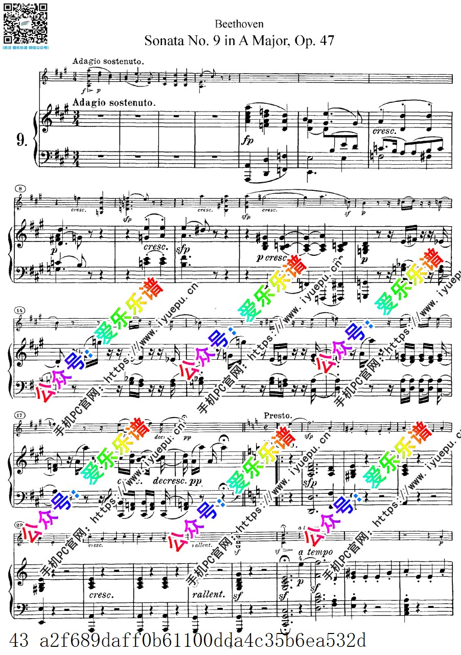 贝多芬克莱采奏鸣曲 Beethoven Kreutzer Sonata No.9 Op.47 小提琴钢琴伴奏谱 乐谱曲谱总谱分谱伴奏音乐在线预览试听下载