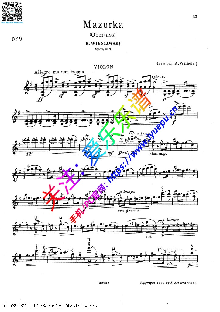 Wieniawski维尼亚夫斯基 玛祖卡Mazurka in G Major Op.19 No.1 Obertass 小提琴谱钢琴伴奏谱 AW版 乐谱曲谱总谱分谱伴奏音乐在线预览试听下载