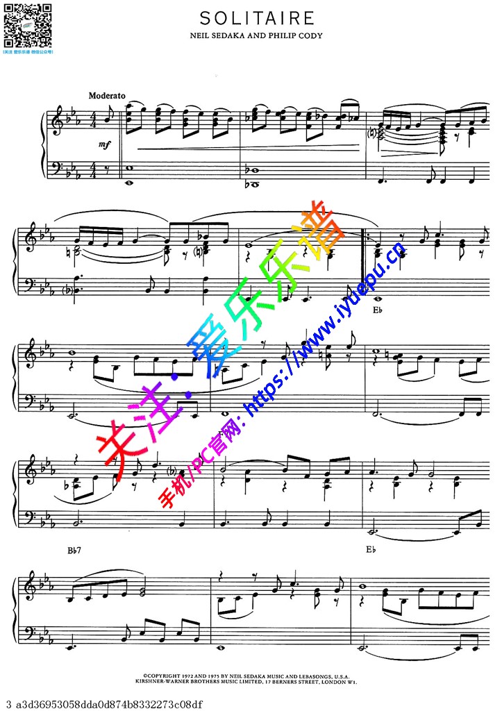 solitaire 流行乐 钢琴谱 独奏谱 乐谱曲谱总谱分谱伴奏音乐在线预览试听下载