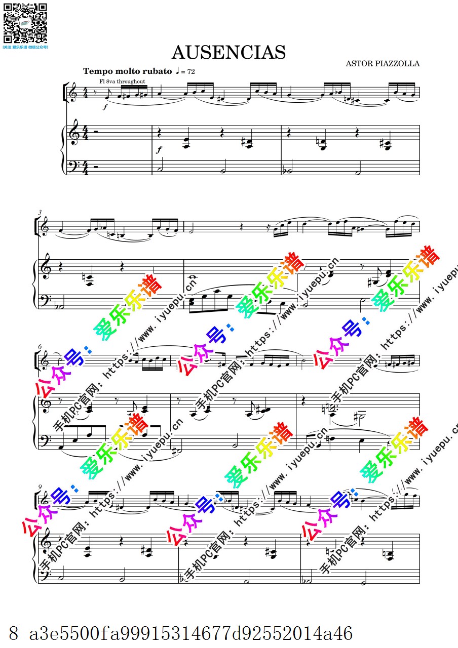 Piazzolla 皮亚佐拉 Ausencias 小提琴谱与钢琴伴奏谱 总分谱 乐谱曲谱总谱分谱伴奏音乐在线预览试听下载