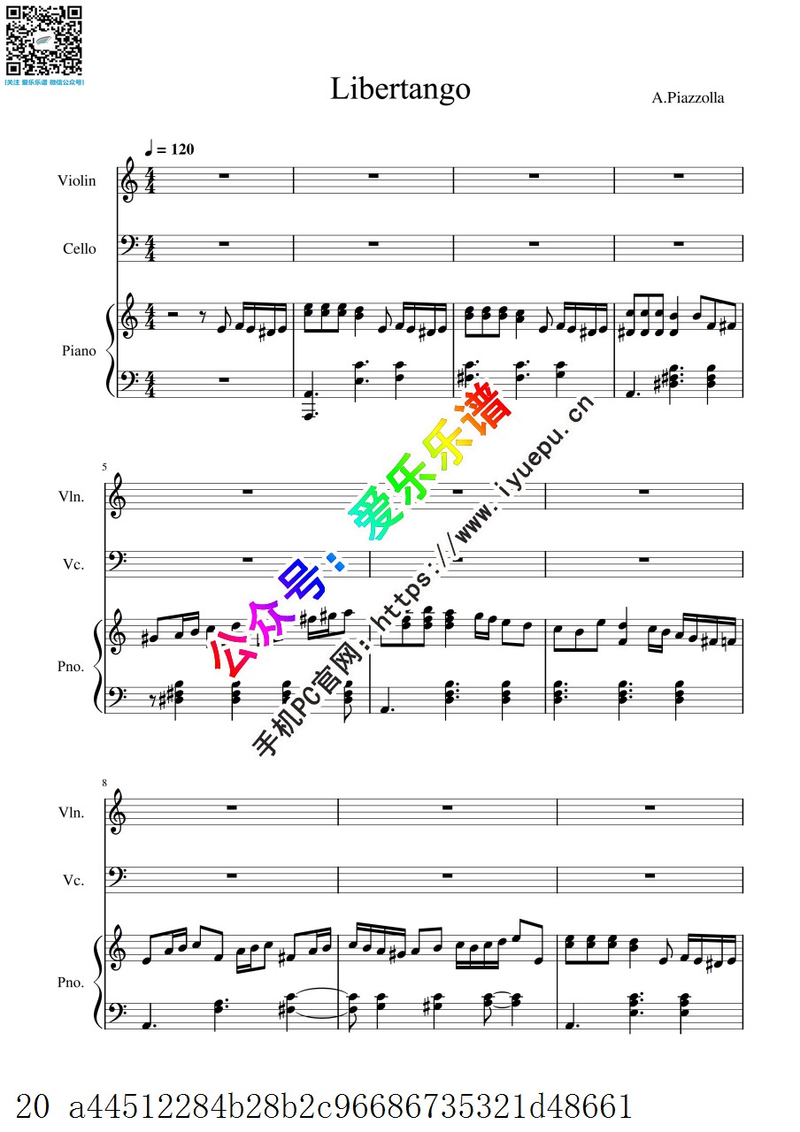 Piazzolla 皮亚佐拉 Libertango 自由探戈 小提琴大提琴钢琴三重奏 V1-总谱与分谱 乐谱曲谱总谱分谱伴奏音乐在线预览试听下载