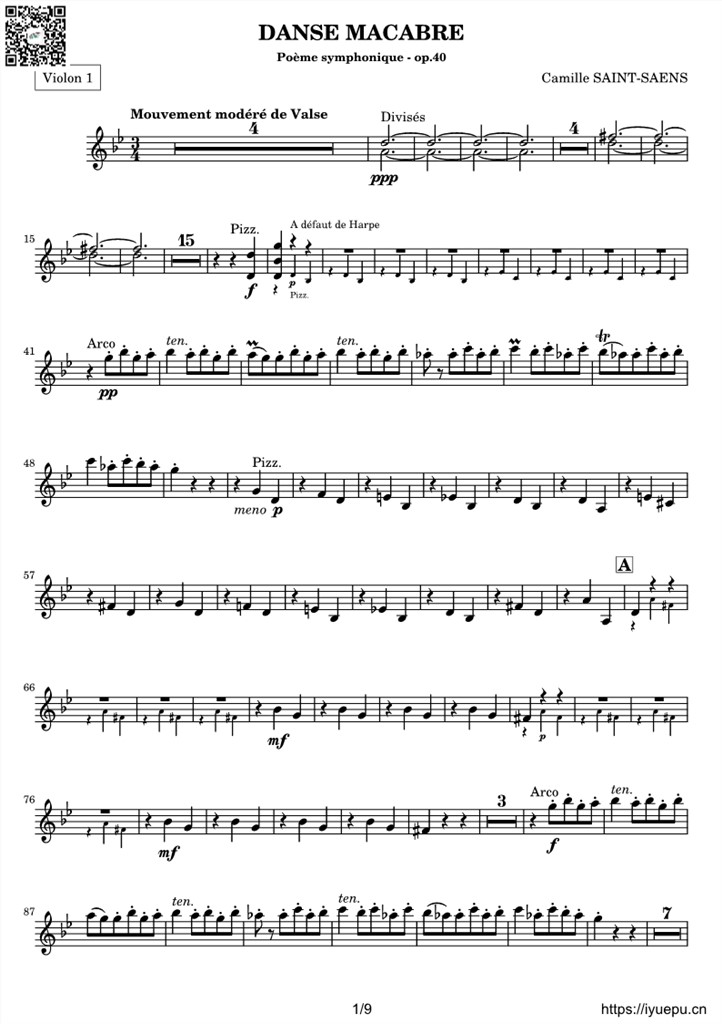 圣桑OP40 交响诗骷髅之舞 Danse macabre 交响乐团谱 ViolinI-II分谱 乐谱曲谱总谱分谱伴奏音乐在线预览试听下载