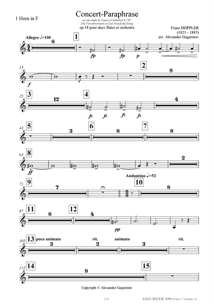 Horn1多普勒 Concert paraphrase OP18 交响乐管弦乐团队谱 圆号1分谱 乐谱曲谱总谱分谱伴奏音乐在线预览试听下载