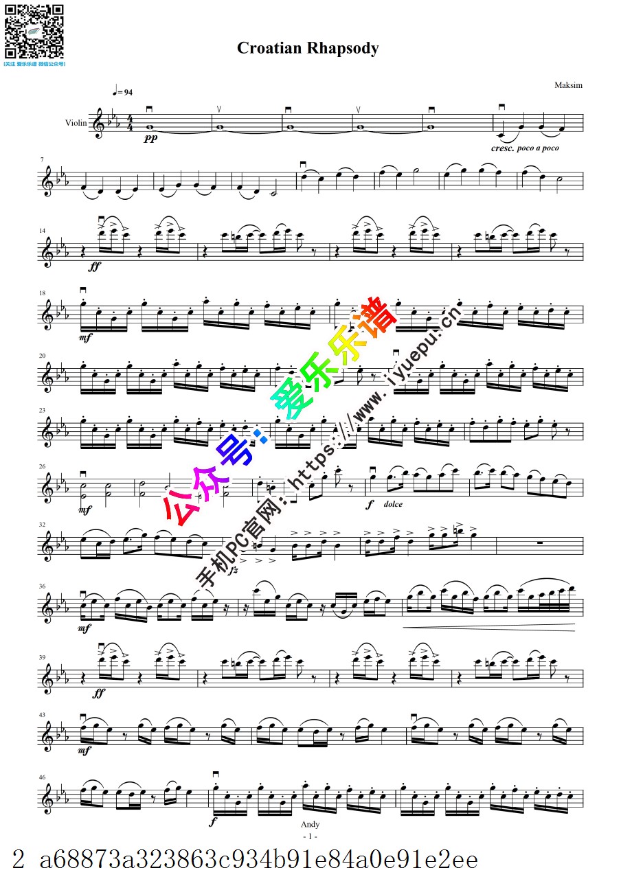 Maksim 马克西姆 Croation Rhapsody 克罗地亚狂想曲 小提琴谱 乐谱曲谱总谱分谱伴奏音乐在线预览试听下载