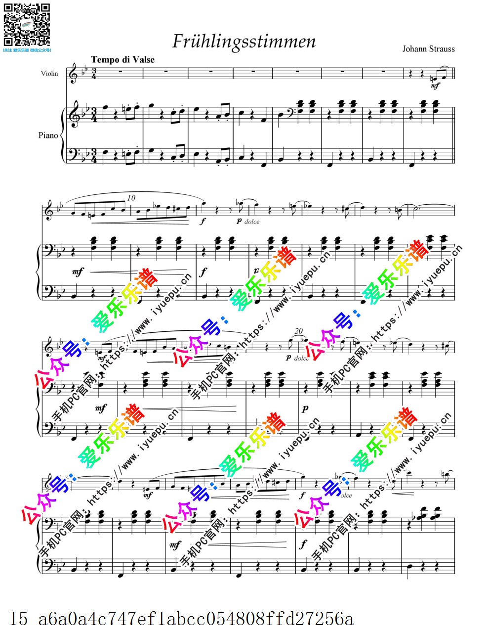 施特劳斯 春之声圆舞曲  Voices of Spring Frhlingsstimmen Op.410 Johann Strauss 小提琴谱与钢琴伴奏谱 乐谱曲谱总谱分谱伴奏音乐在线预览试听下载