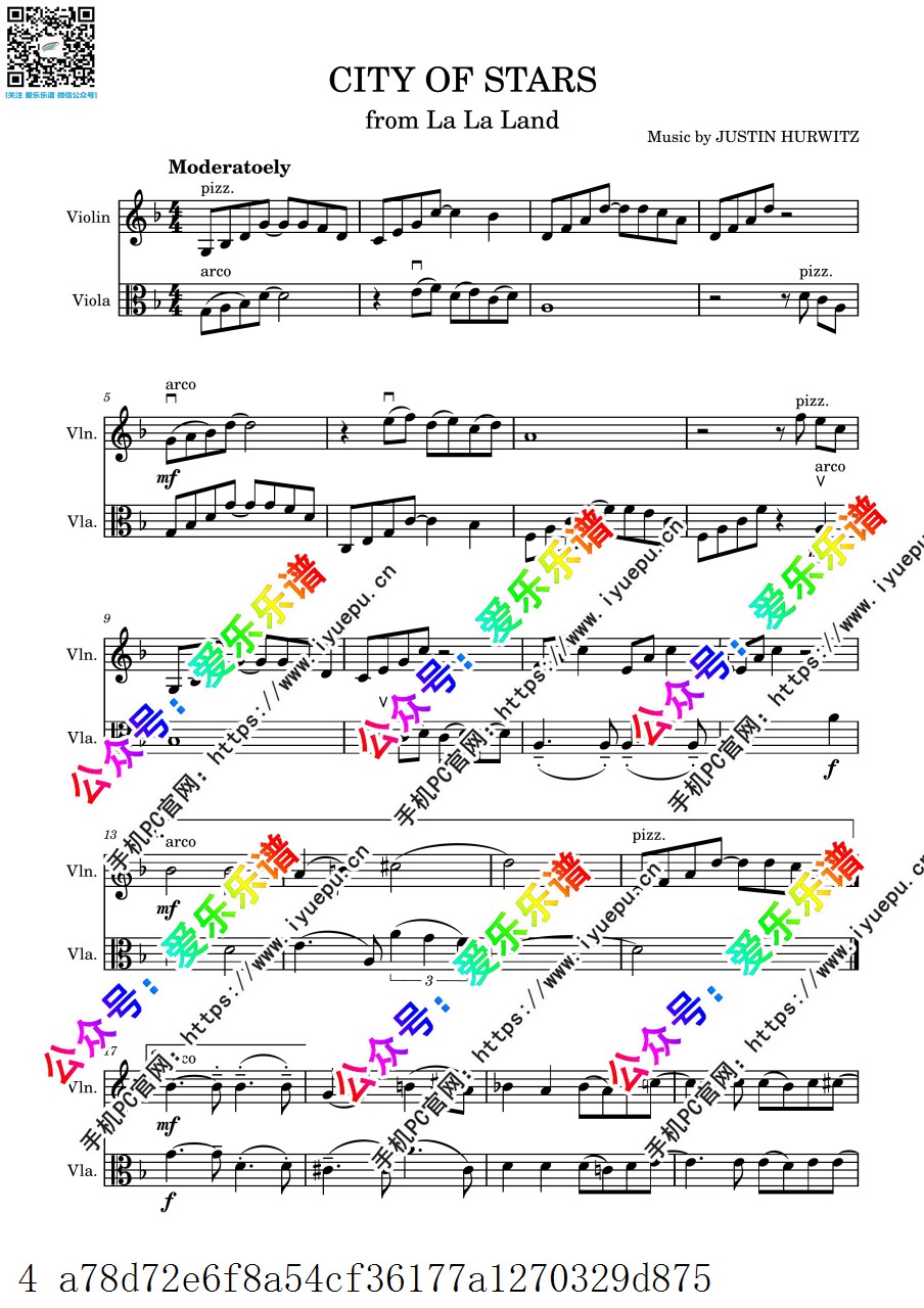 Lalaland 爱乐之城插曲 City of Stars 小提琴中提琴二重奏 总谱分谱 乐谱曲谱总谱分谱伴奏音乐在线预览试听下载