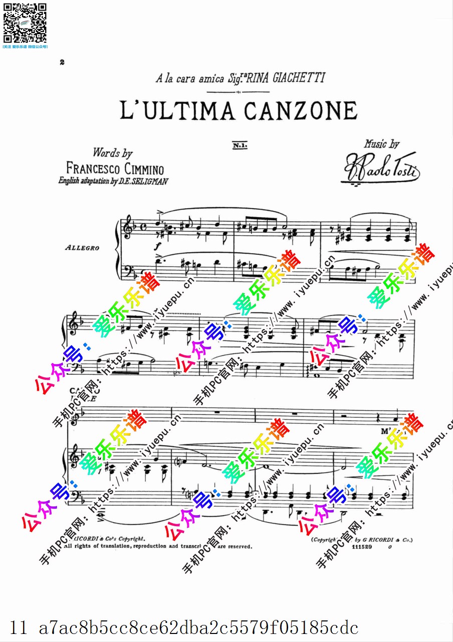 Tosti, Francesco Paolo弗朗切斯科-保罗-托斯蒂 L'Ultima Canzone 艺术歌曲 声乐钢琴伴奏谱V1 乐谱曲谱总谱分谱伴奏音乐在线预览试听下载