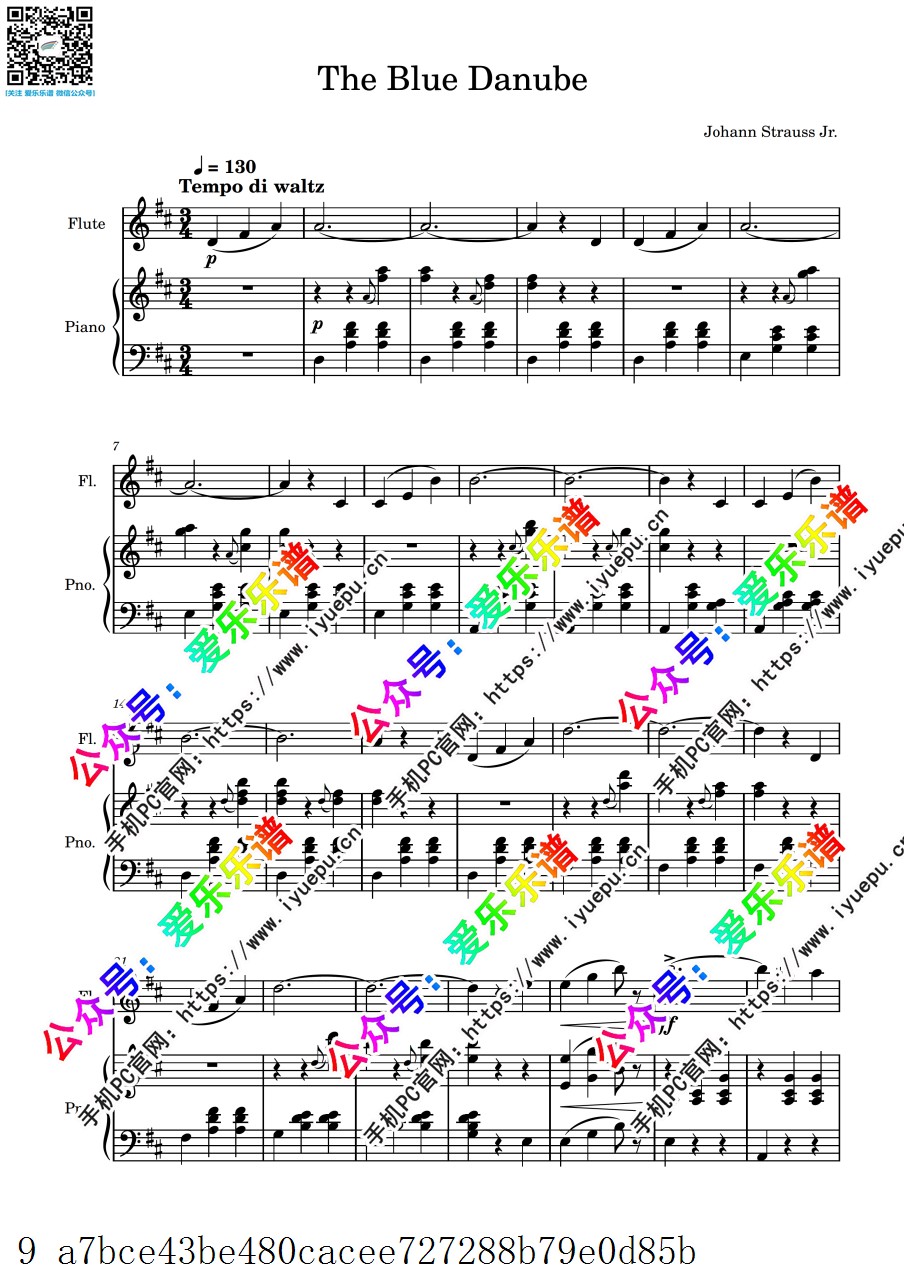 Strauss 施特劳斯 Blue Danube waltz 蓝色多瑙河圆舞曲 长笛谱与钢琴伴奏谱 官版 乐谱曲谱总谱分谱伴奏音乐在线预览试听下载