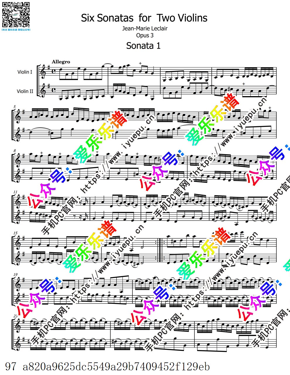 Lclair  6 Sonatas for 2 Violins 勒克莱尔六首双小提琴奏鸣曲 Op.3-总谱与分谱 乐谱曲谱总谱分谱伴奏音乐在线预览试听下载