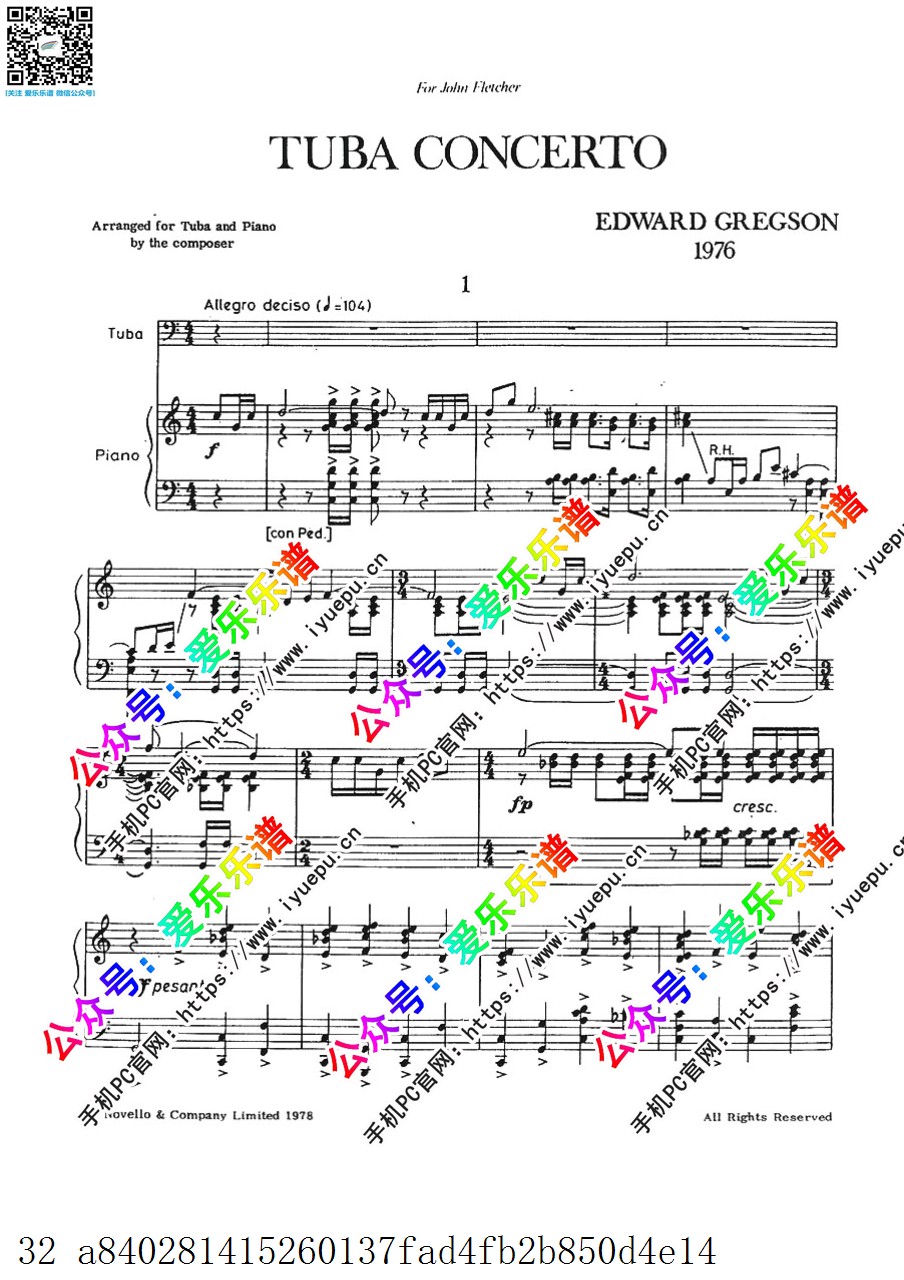 Edward Gregson爱德华-格雷格森 Tuba Concerto 大号协奏曲 大号钢琴伴奏谱 原版 乐谱曲谱总谱分谱伴奏音乐在线预览试听下载