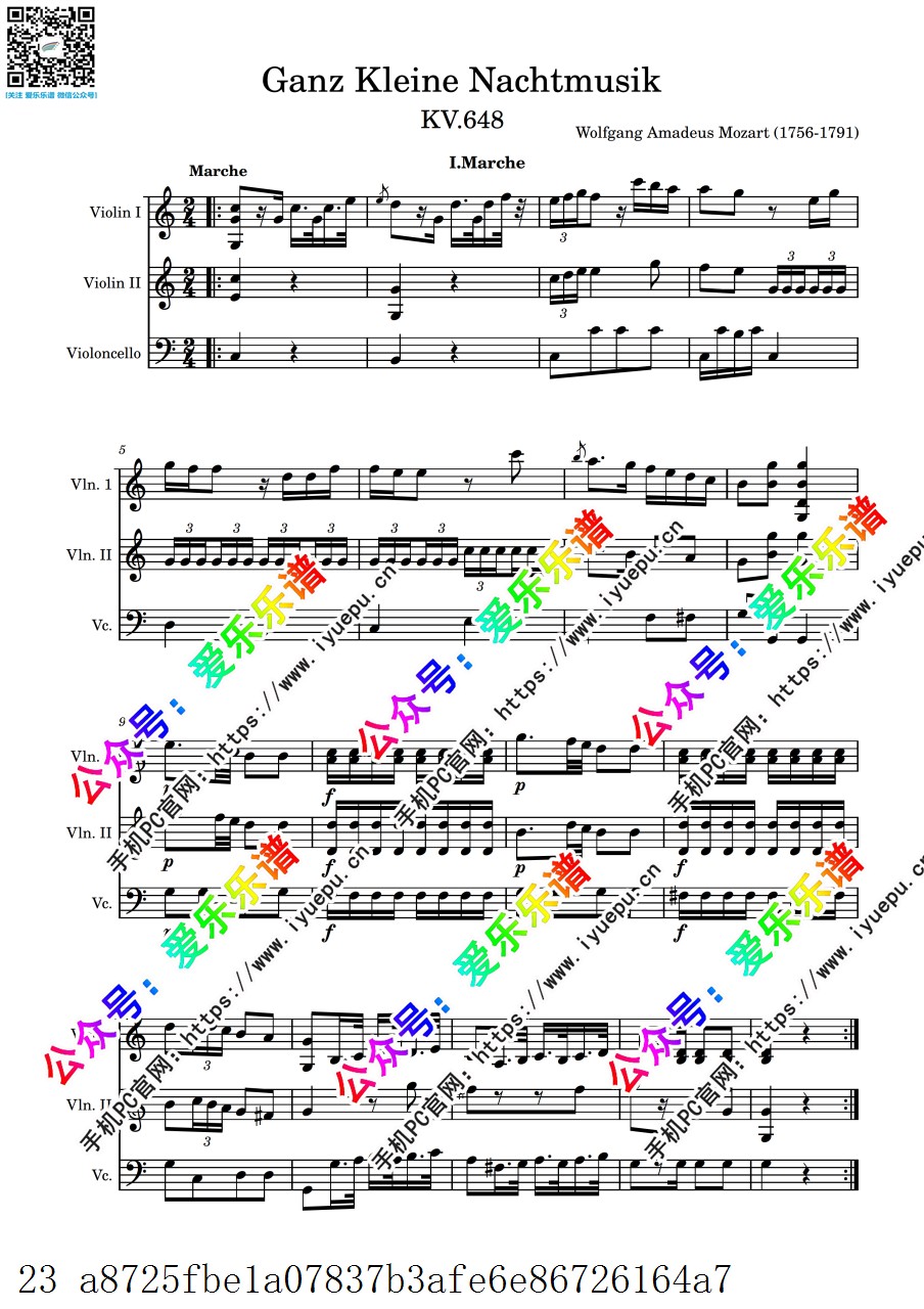 莫扎特C大调小夜曲 Mozart Ganz kleine Nachtmusik K.648 2小1大提琴 弦乐三重奏-总谱和分谱 乐谱曲谱总谱分谱伴奏音乐在线预览试听下载