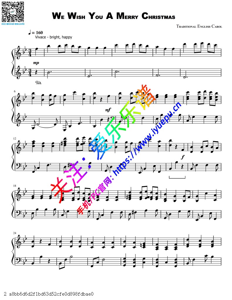 祝你圣诞快乐 We Wish You a Merry Christmas 钢琴谱 乐谱曲谱总谱分谱伴奏音乐在线预览试听下载