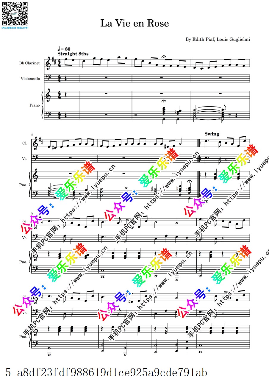 玫瑰人生主题曲 La Vie en Rose 单簧管大提琴钢琴三重奏 官版 总谱分谱 乐谱曲谱总谱分谱伴奏音乐在线预览试听下载