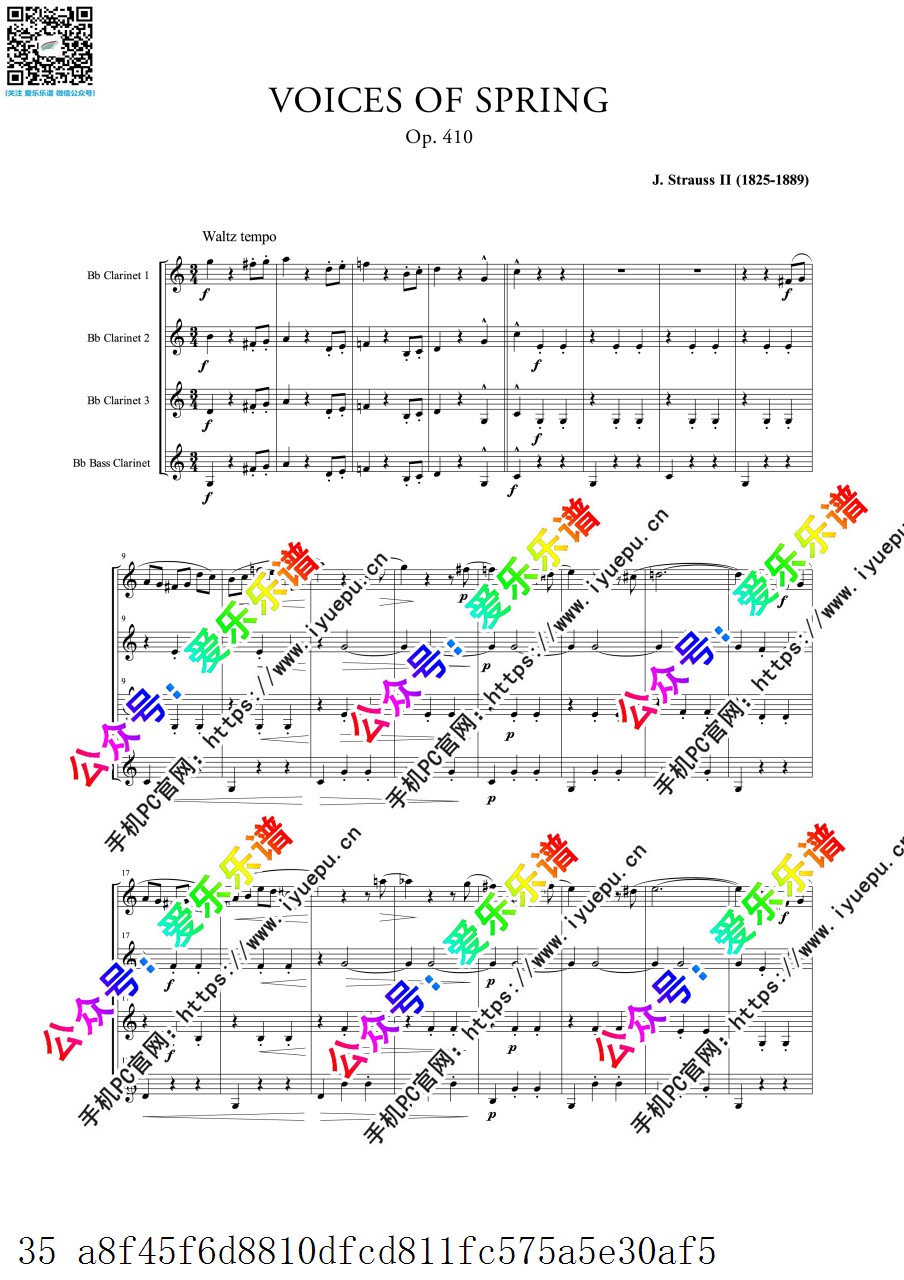 施特劳斯 Fruhlingsstimmen 春之声圆舞曲 OP.410  Voices of Spring 4单簧管四重奏 总谱分谱 乐谱曲谱总谱分谱伴奏音乐在线预览试听下载
