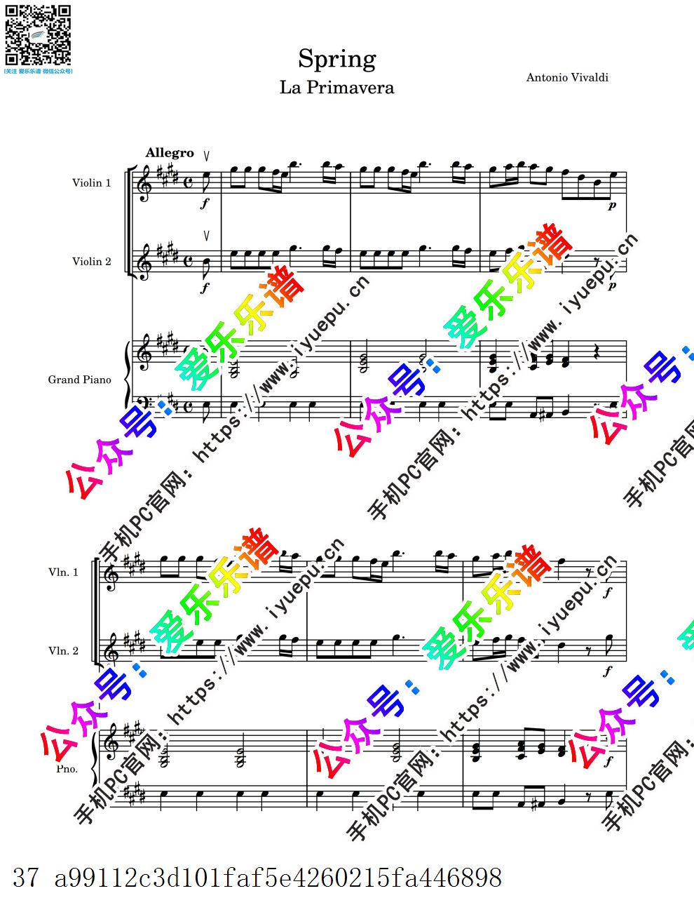 维瓦尔第 四季 春 Spring Vivaldi 第一三 乐章 双小提琴钢琴三重奏-总谱与分谱 乐谱曲谱总谱分谱伴奏音乐在线预览试听下载