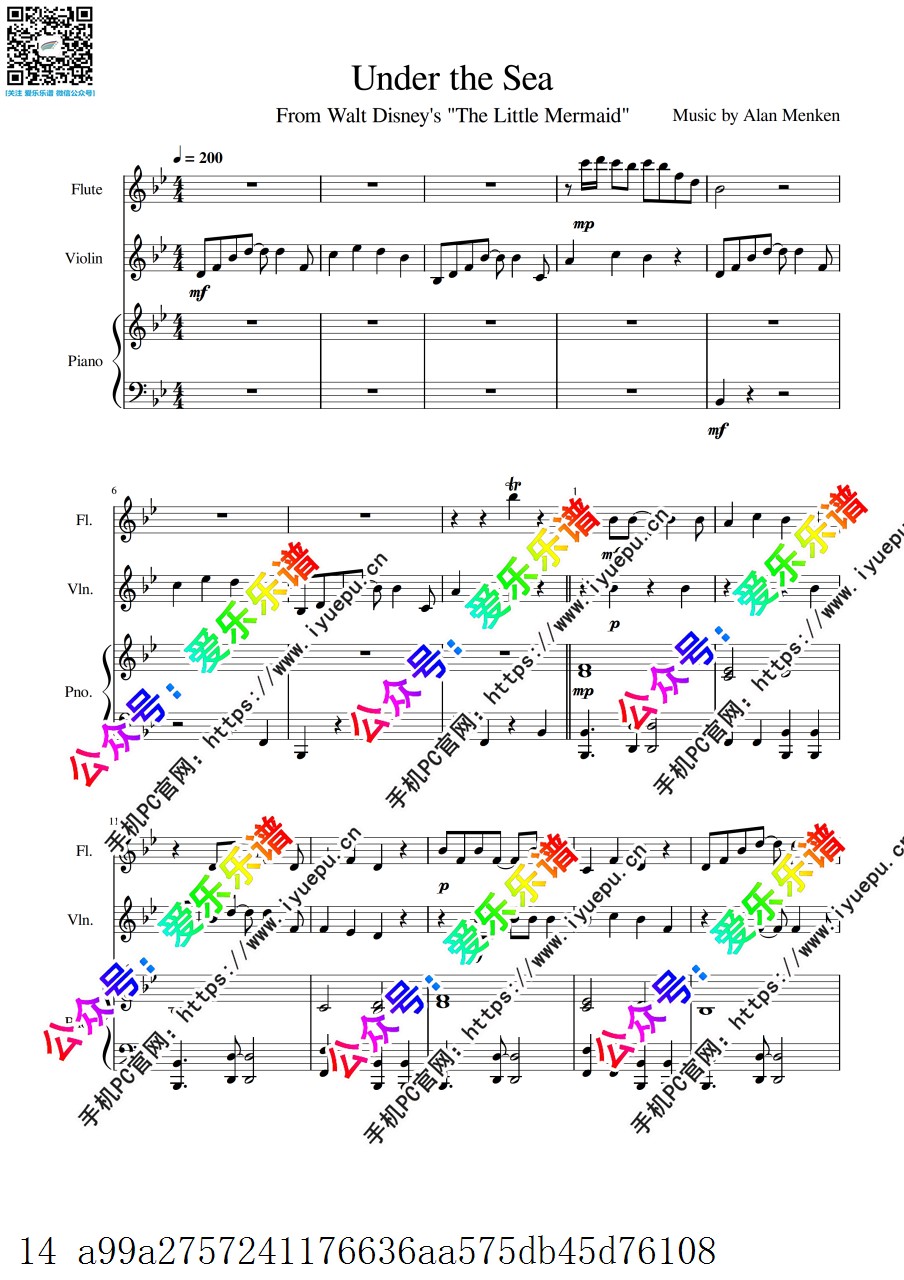 Under the Sea 迪士尼动画 小美人鱼电影主题曲 长笛小提琴钢琴三重奏 总分谱 乐谱曲谱总谱分谱伴奏音乐在线预览试听下载