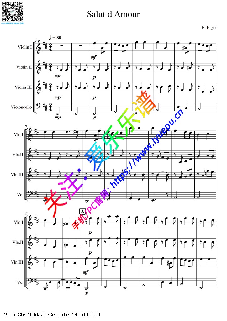 爱的礼赞 Salut d'Amour 爱的致意 3小提琴1大提琴 弦乐四重奏总谱与分谱 D 乐谱曲谱总谱分谱伴奏音乐在线预览试听下载