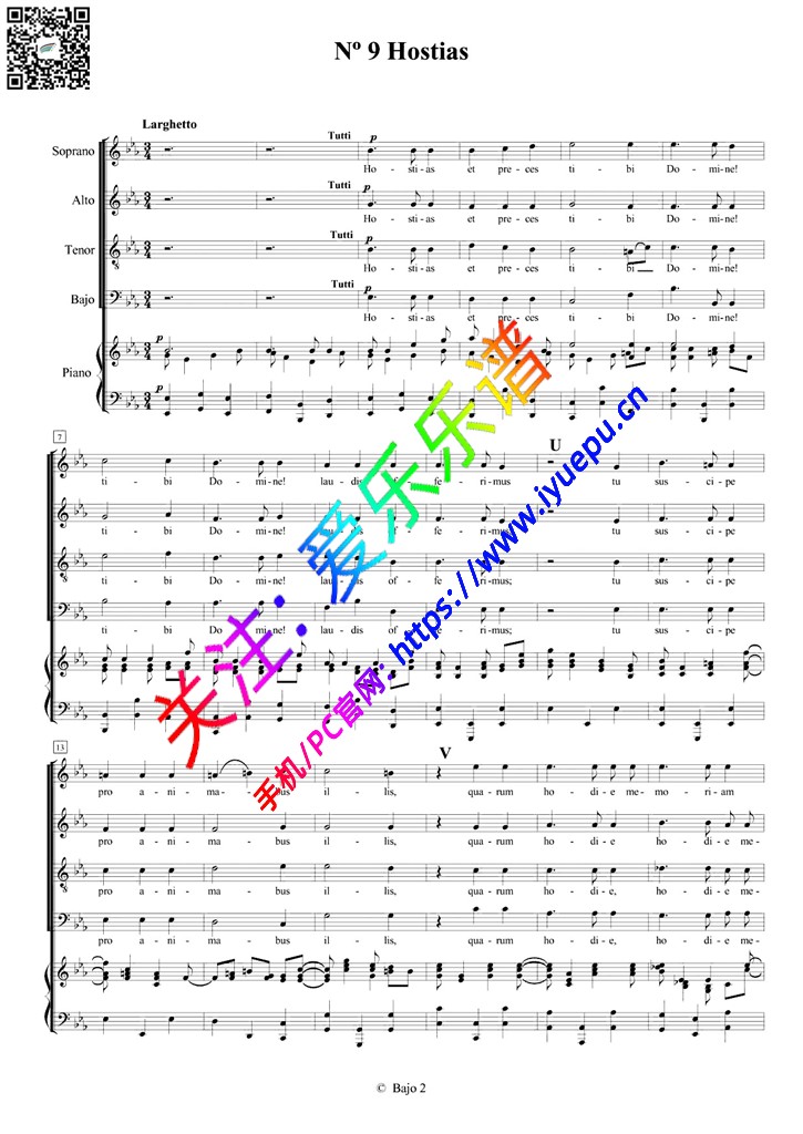No9 Hostias 莫扎特安魂曲 KV 626 四声部合唱谱 钢琴伴奏谱 乐谱曲谱总谱分谱伴奏音乐在线预览试听下载