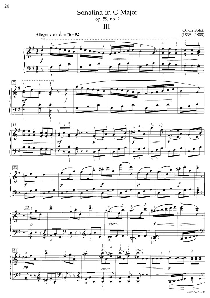 Oskar Bolck G大调小奏鸣曲第三乐章Op59No2 钢琴谱 乐谱曲谱总谱分谱伴奏音乐在线预览试听下载