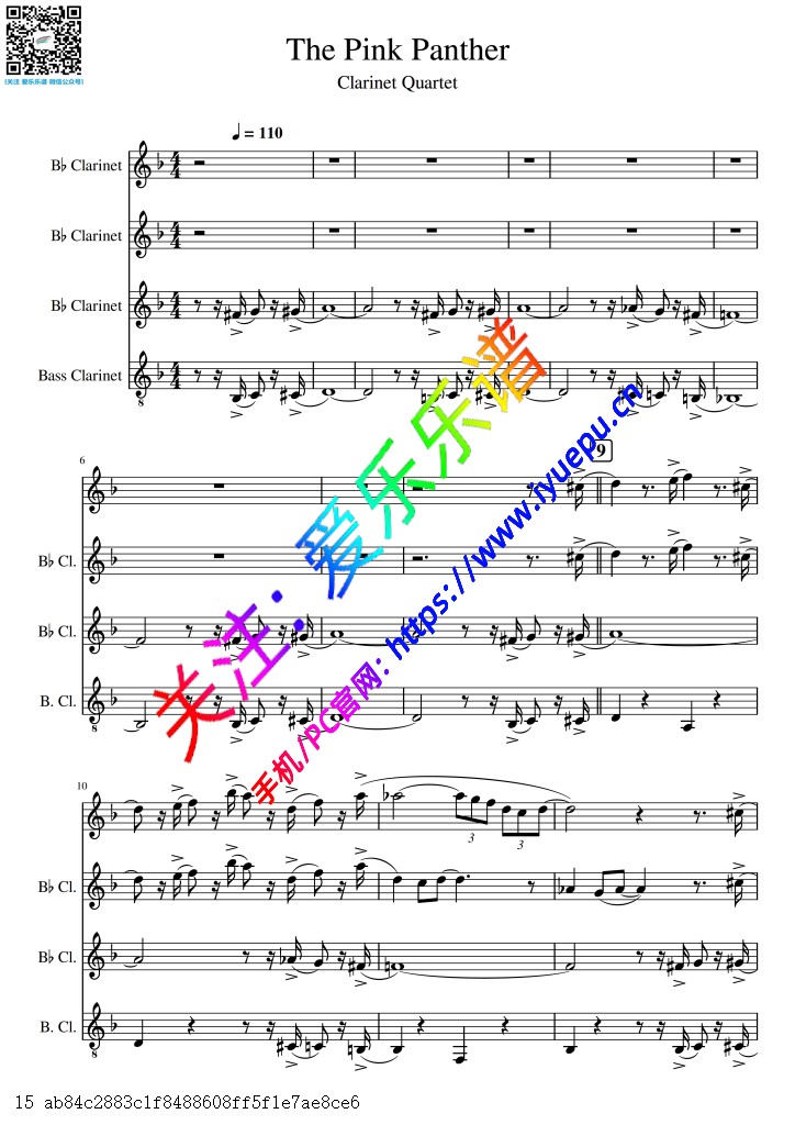 粉红豹主题曲 The Pink Panther Theme 4单簧管四重奏-总谱与分谱 乐谱曲谱总谱分谱伴奏音乐在线预览试听下载