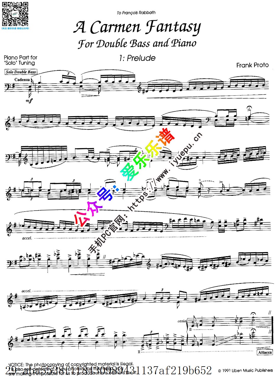 Frank Proto波罗多 A Carmen Fantasy For Double Bass and Piano 卡门幻想曲低音提琴与钢琴伴奏谱 总分谱 原版 乐谱曲谱总谱分谱伴奏音乐在线预览试听下载