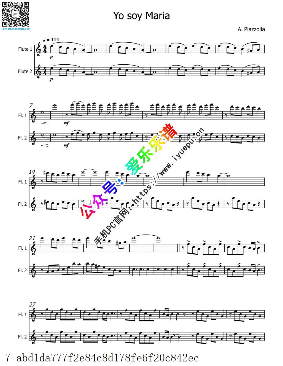 Piazzolla 皮亚佐拉 我是玛丽亚 Yo soy Maria 双长笛二重奏-总谱与分谱 乐谱曲谱总谱分谱伴奏音乐在线预览试听下载